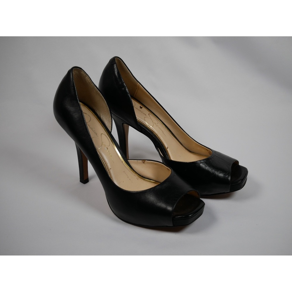 Jessica Simpson Josette Black Leather Peep Toe Platform Pumps Heels JS-JOSETTE